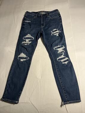 American Eagle Womens Size 12 Distressed Ripped Stretch Jeans Dark Wash
